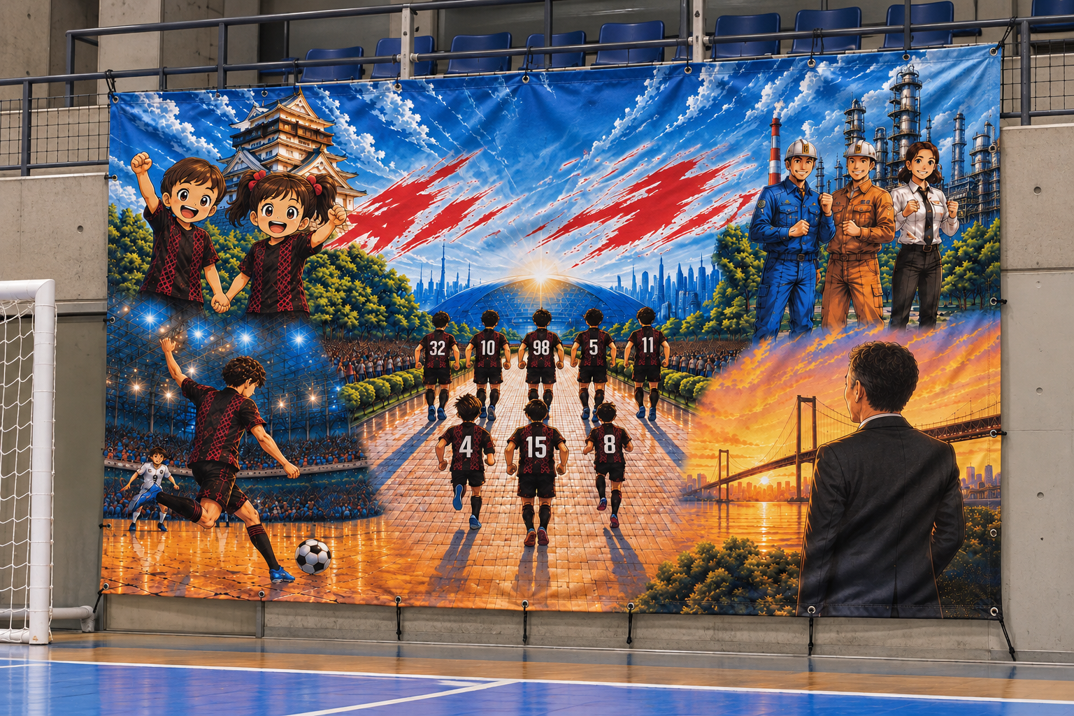 団体名やロゴを匿名化したフットサル応援横断幕