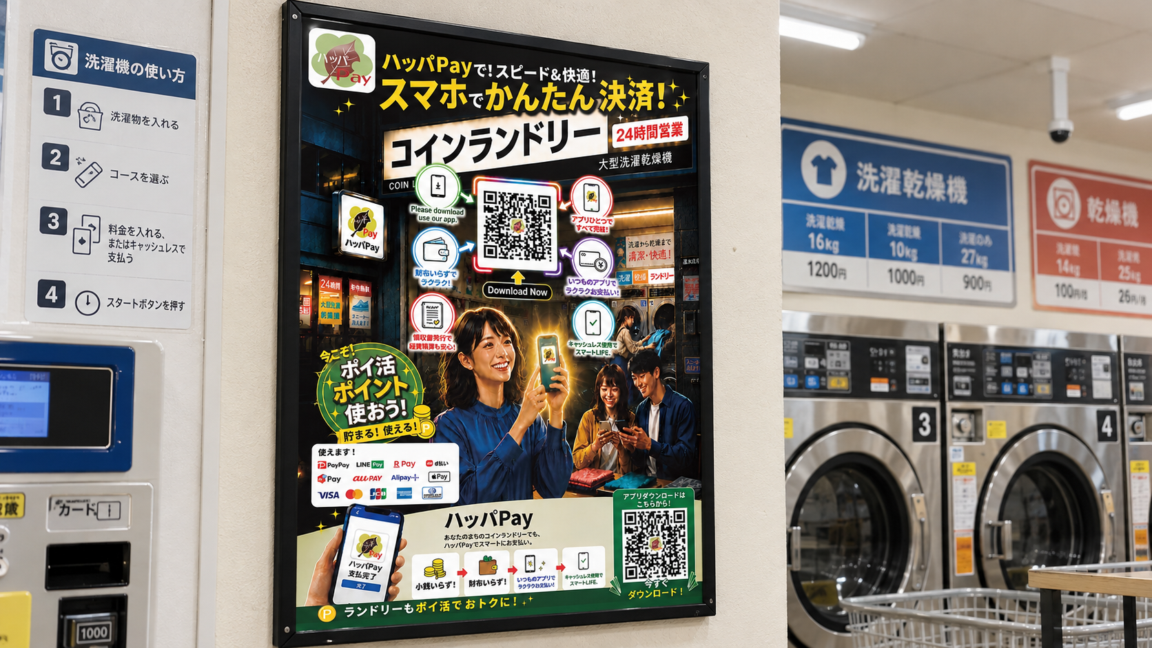 QRコードやイラスト、テキストを修正したコインランドリー向けA2ポスター