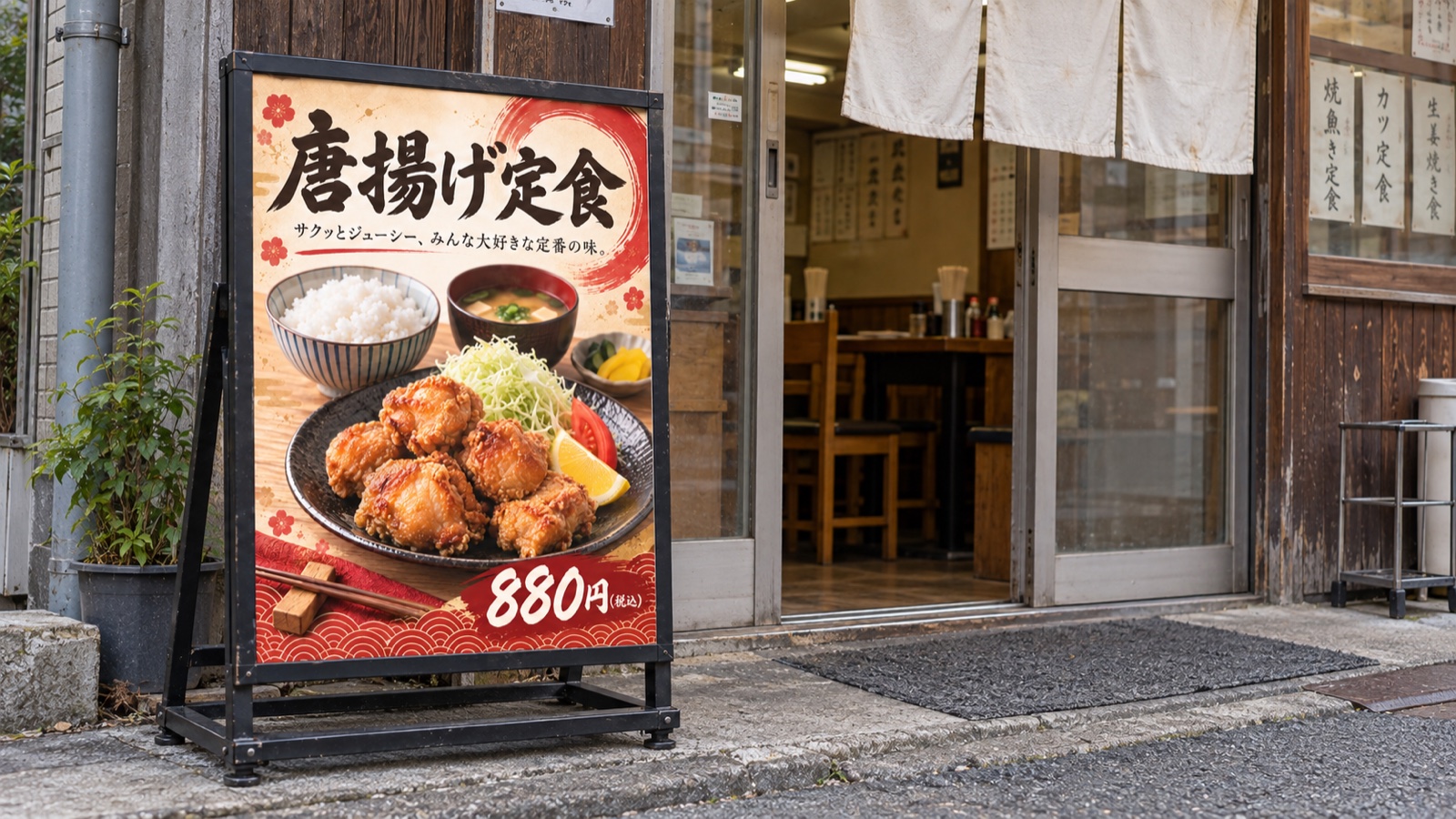 唐揚げ定食のデザインを使用した飲食店の店頭看板