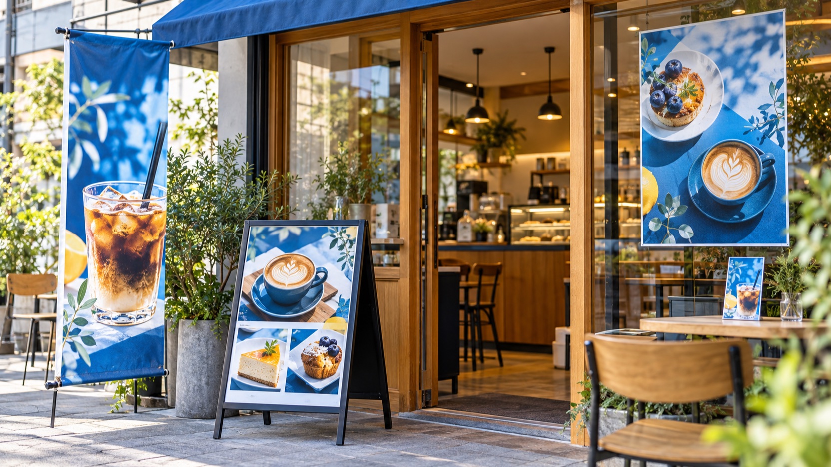 カフェの看板やポスターなどを統一した店舗ツール
