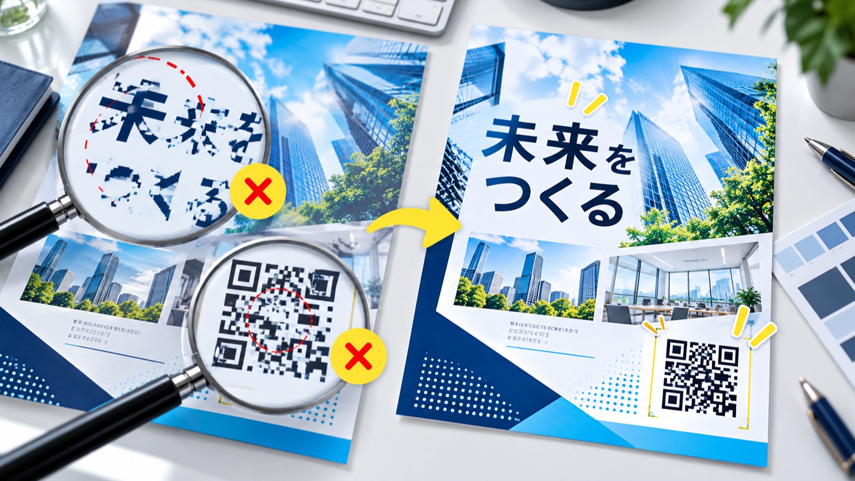 崩れた文字とQRコードを正しく修正するイメージ