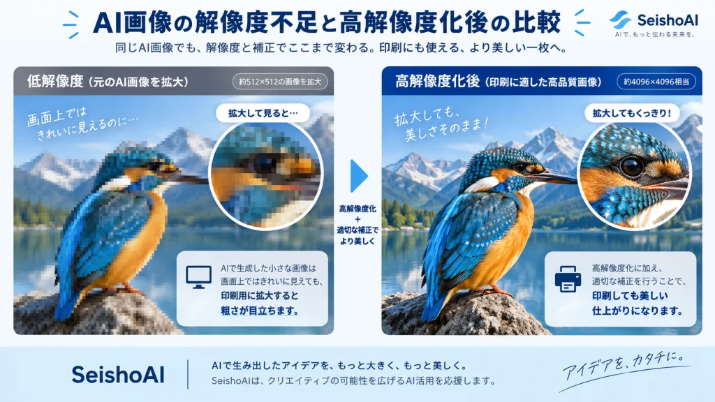 AI画像の解像度不足と高解像度化後の比較」