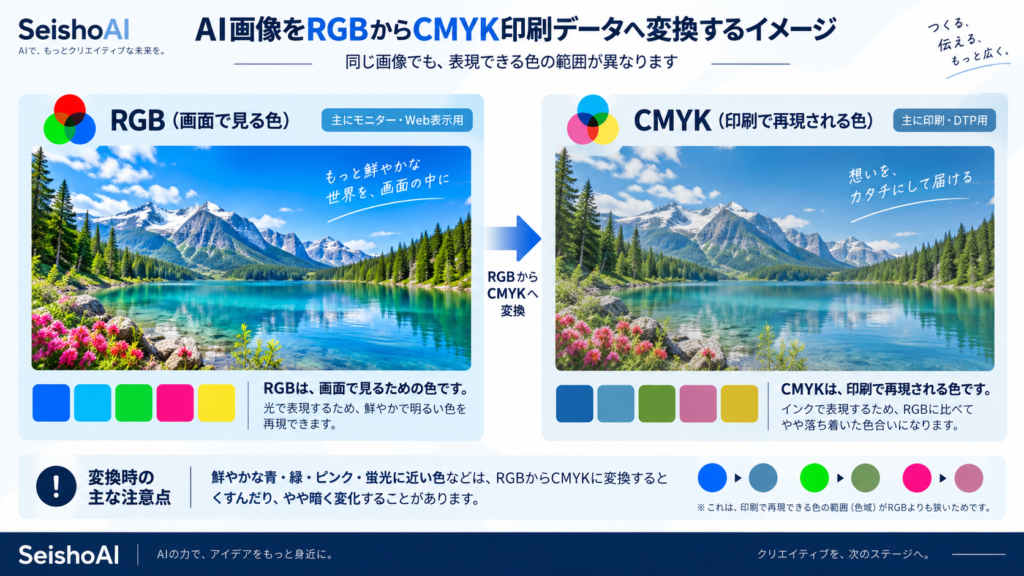 AI画像をRGBからCMYK印刷データへ変換するイメージ
