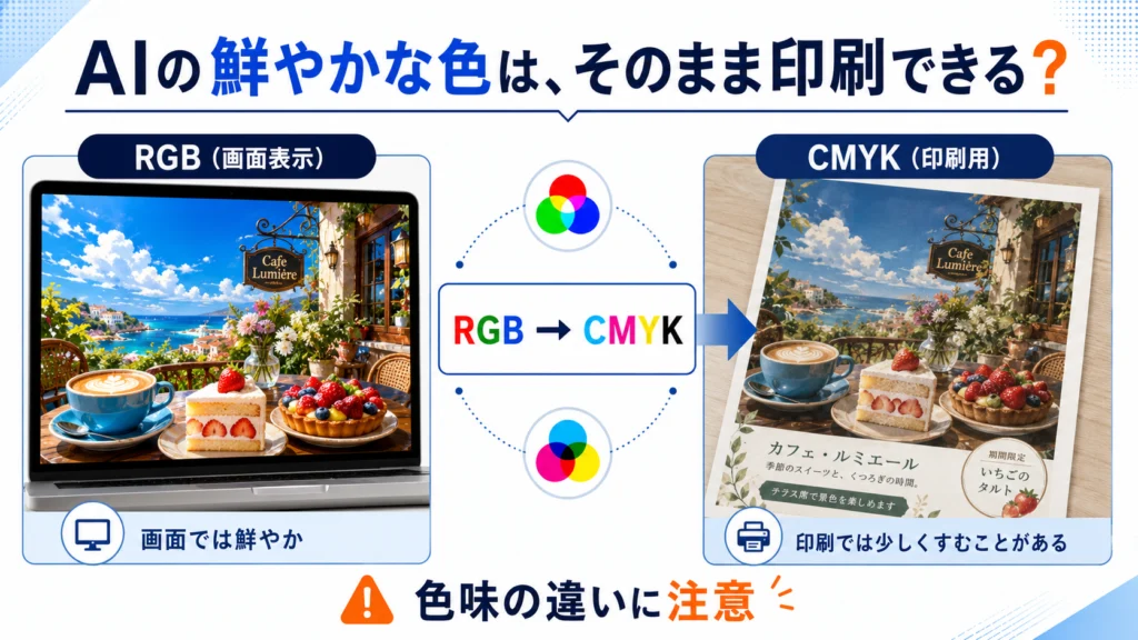 AI画像のRGB表示とCMYK印刷で色味が変わることを解説する比較画像