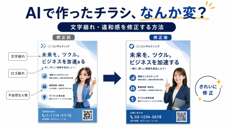 AIで作ったチラシの文字崩れや不自然な人物を修正したBefore After比較