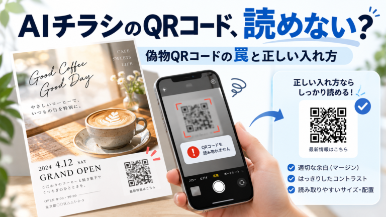 AIで作ったチラシのQRコードが読み取れない問題と正しい差し替え方法を示したアイキャッチ画像