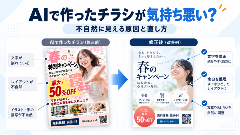 AIで作ったチラシが気持ち悪く見える原因と修正方法を紹介。文字崩れや不自然なレイアウトを改善したビフォーアフター比較