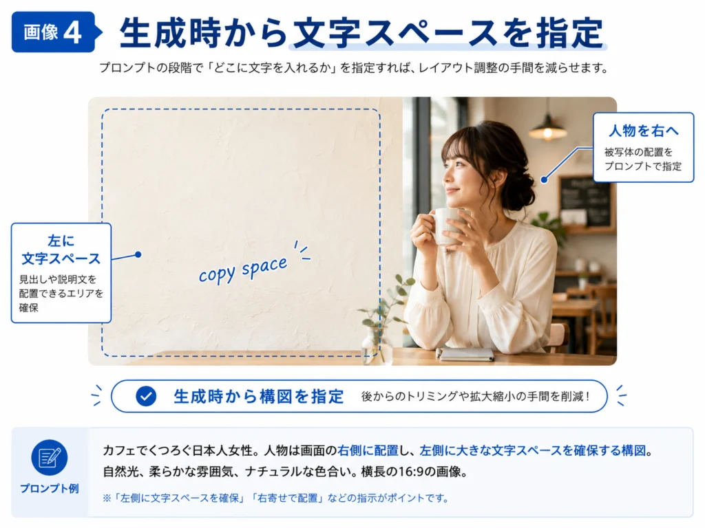 AI画像に文字を配置した際の読みにくい背景と余白を整理して読みやすくした背景の比較