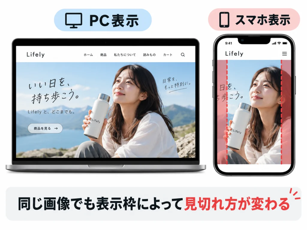 PCでは表示されるAI画像がスマホでは左右に見切れる比較図