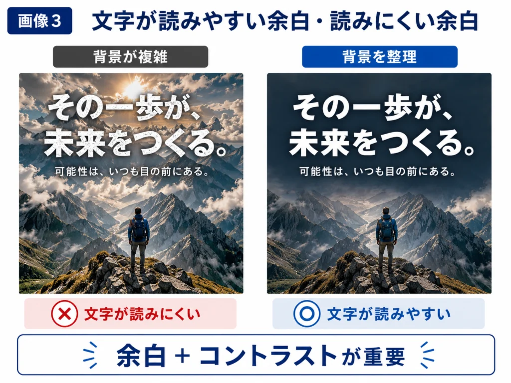 AI画像に文字を配置した際の読みにくい背景と余白を整理して読みやすくした背景の比較