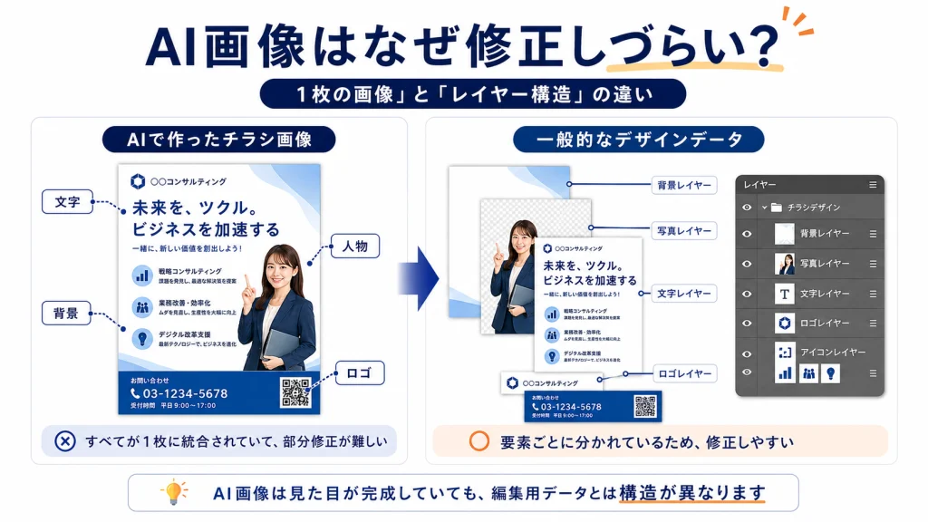 AI生成画像とレイヤー分けされた一般的なデザインデータの構造の違い