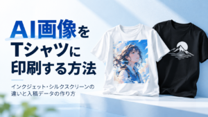 AI画像をTシャツに印刷する方法を、インクジェットとシルクスクリーンの違いとあわせて紹介するアイキャッチ画像。