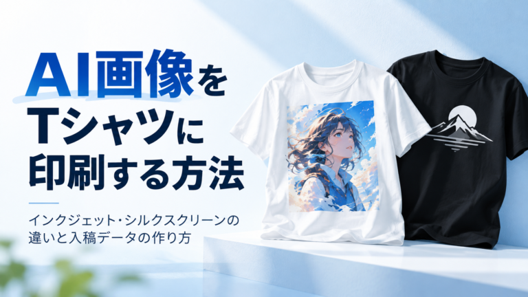 AI画像をTシャツに印刷する方法を、インクジェットとシルクスクリーンの違いとあわせて紹介するアイキャッチ画像。