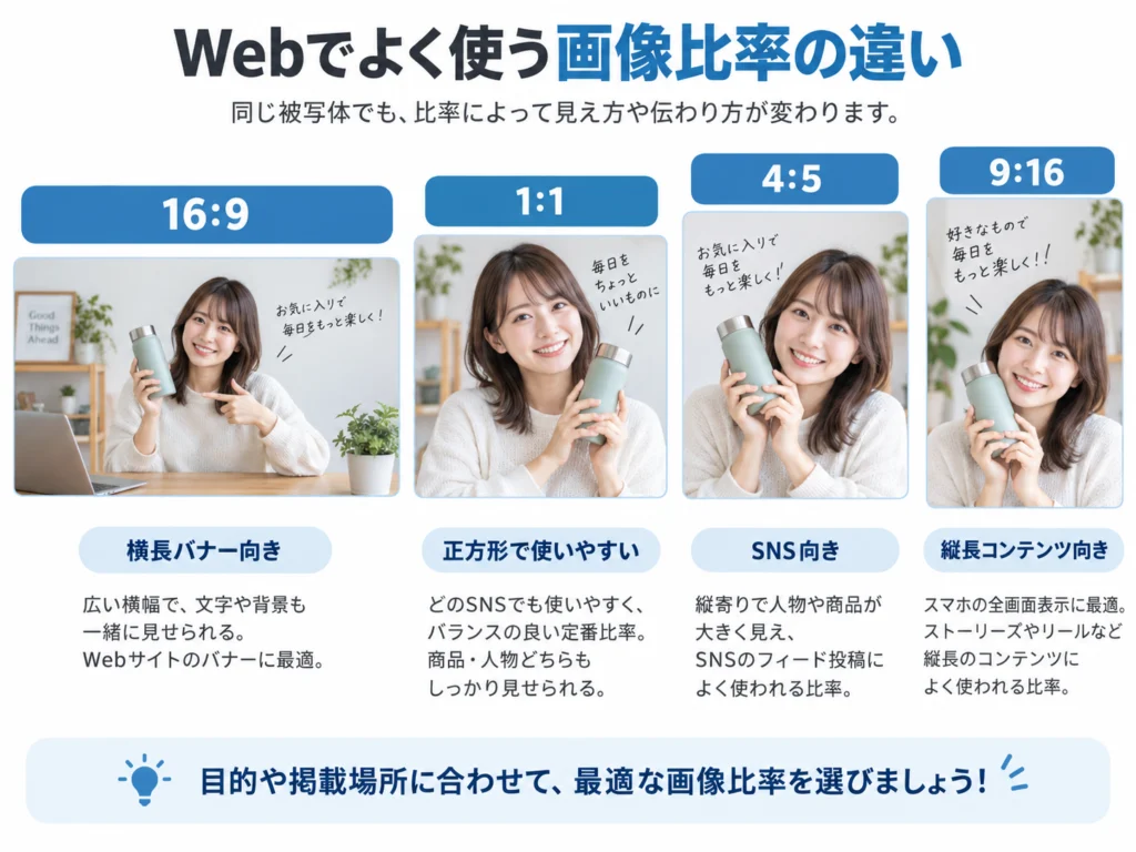 16対9・1対1・4対5・9対16の画像比率を比較した図