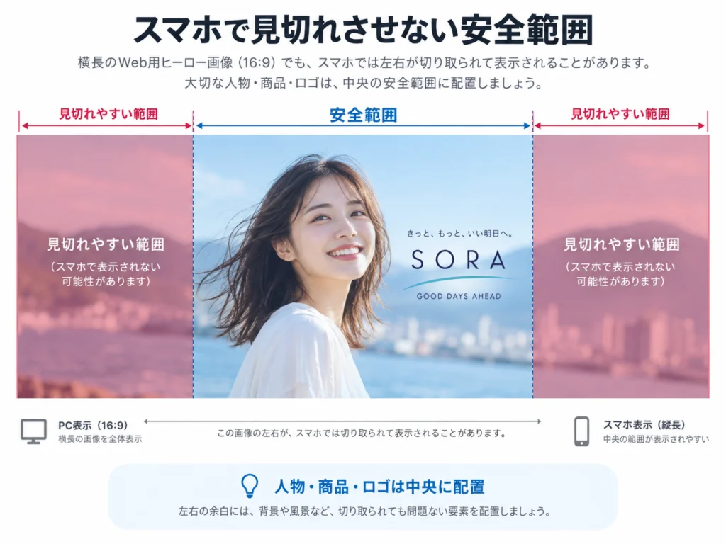 AI画像をスマホで見切れさせないための中央の安全範囲を示した図