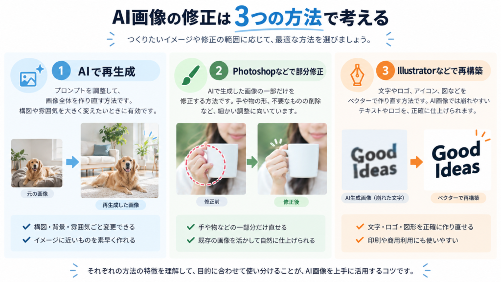 AI画像の修正方法3つの比較イメージ