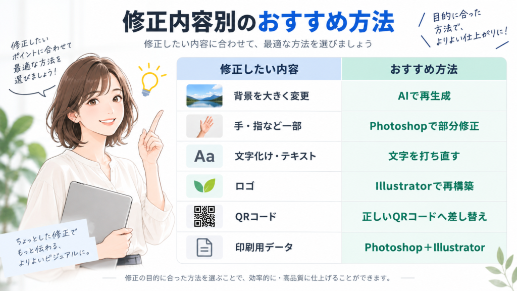 AI画像の修正内容ごとにおすすめの方法をまとめた一覧表