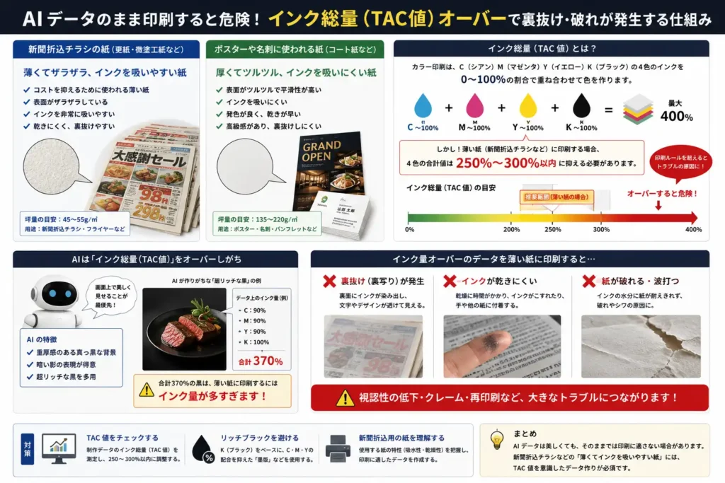 AIのチラシ画像を「新聞折込」にしたら裏写りした!?インク総量の罠