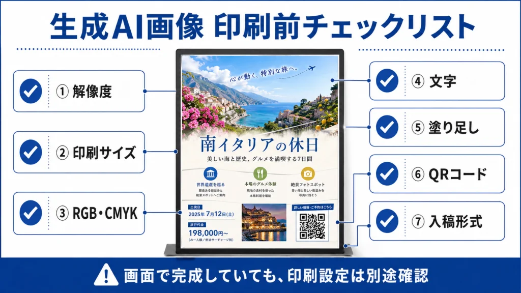 生成AI画像を印刷する前に解像度、CMYK、文字、塗り足し、QRコードなど7項目を確認するチェックリスト