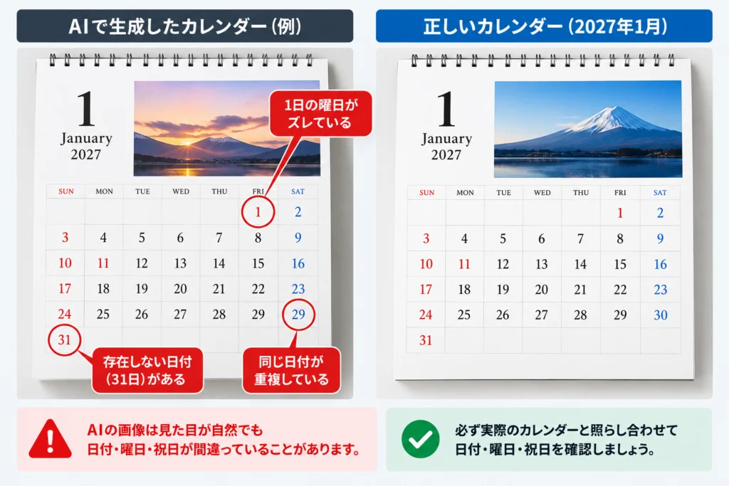 AI生成カレンダーの日付と曜日の間違いを正しいカレンダーと比較した図