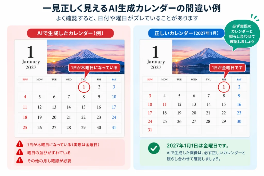 AI生成カレンダーの祝日表示の間違いと正しい祝日を比較した図