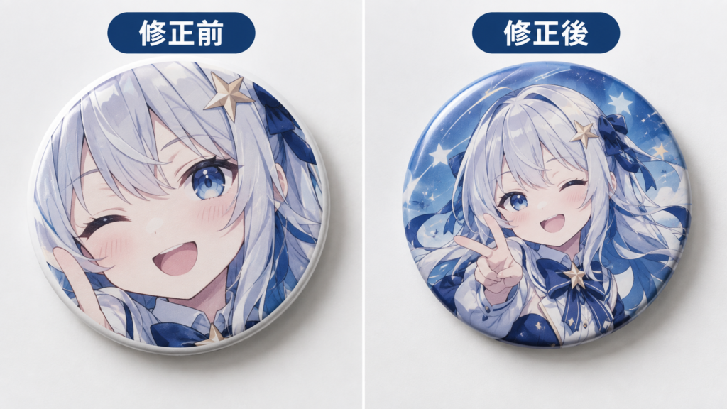 AI画像の顔と文字が切れる缶バッジの失敗例と修正例