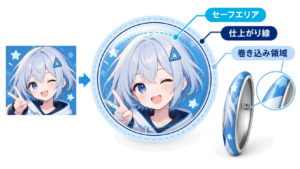 AI画像を缶バッジにする際のセーフエリアと巻き込みを示す図