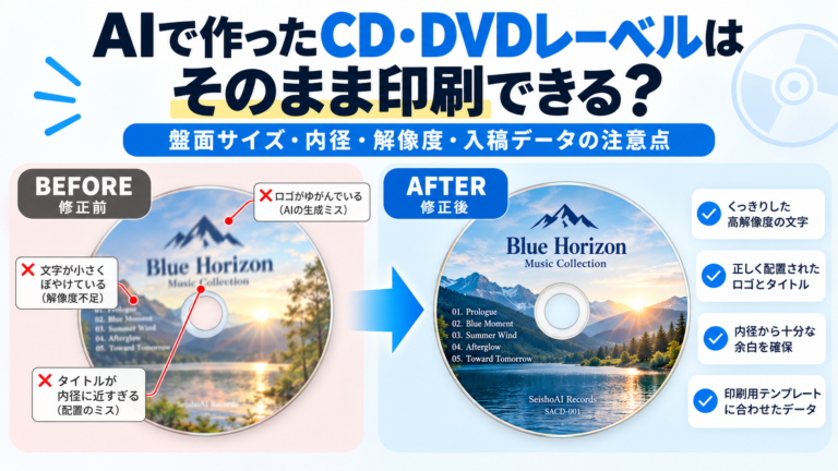 AIで作ったCD・DVDレーベルを印刷用データへ修正したBefore After比較