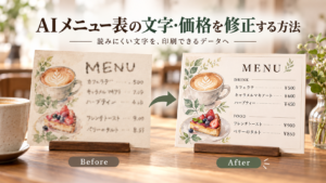 AIで作ったメニュー表の文字や価格を修正し、印刷できるデータに仕上げる方法を示したアイキャッチ画像。