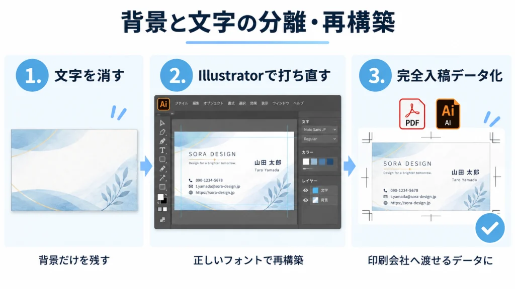 AI名刺の背景と文字を分離し、Illustratorで文字を打ち直して入稿データ化する流れ