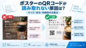 ポスターのQRコードで周囲の白い余白がある場合とない場合の比較