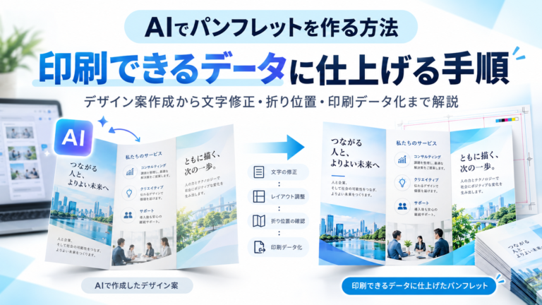 AIでパンフレットを作り、文字修正や折り位置確認を行って印刷できるデータに仕上げる手順を示したアイキャッチ画像。