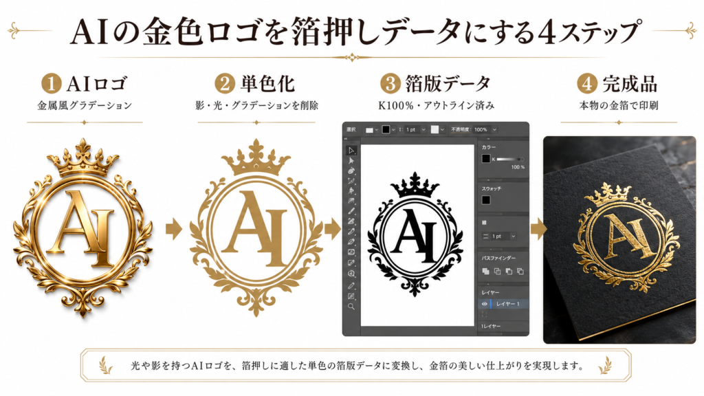 AIの金色ロゴを単色化して箔押し版データに変換する4ステップ