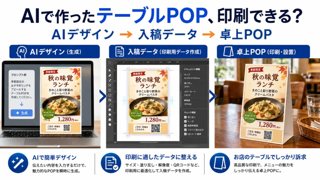 AIで作った飲食店のテーブルPOPを印刷データへ修正する流れ