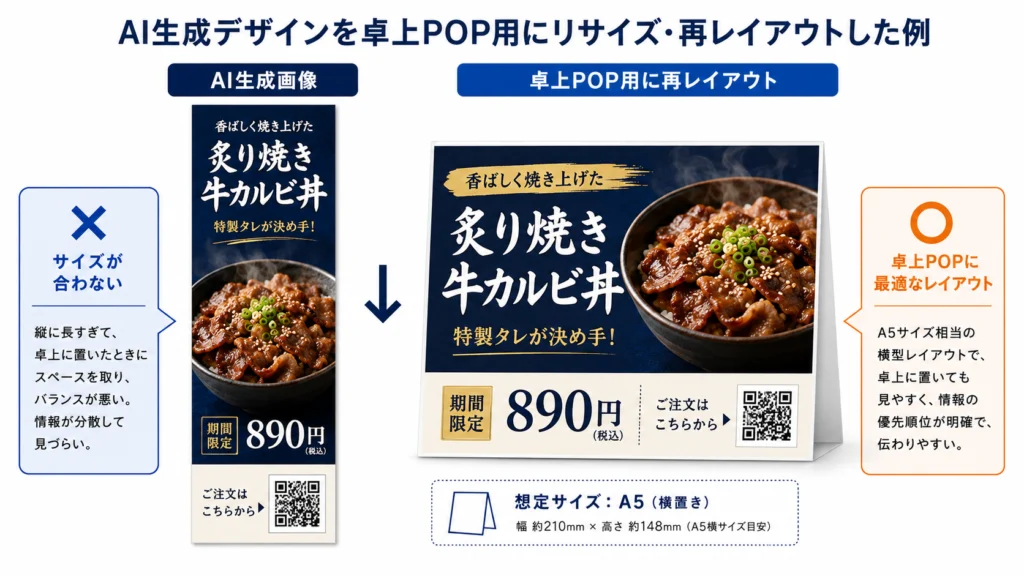AI生成画像を卓上POPの正しいサイズへ再レイアウトする比較