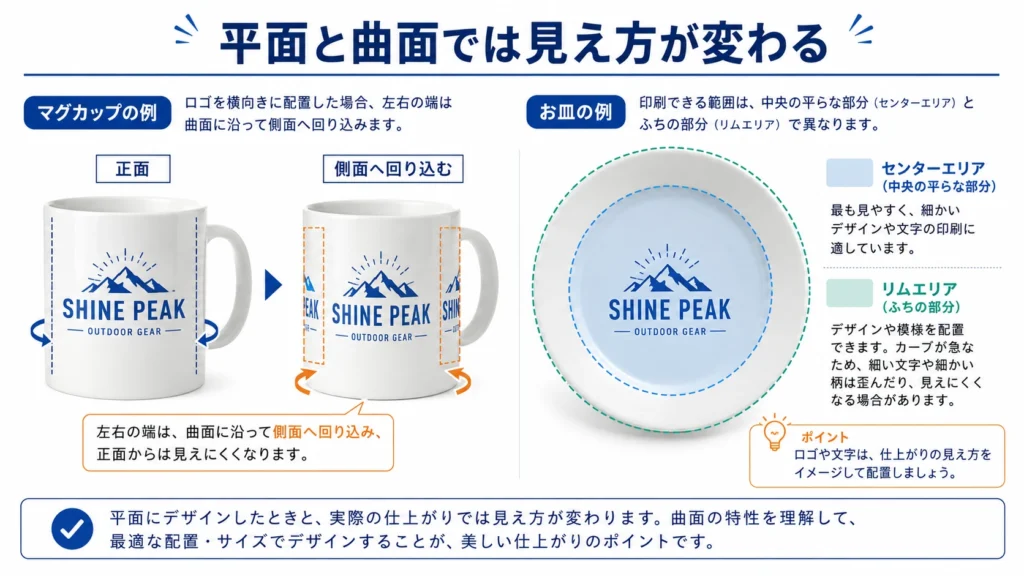 皿のリムやマグカップの曲面へロゴを配置するときの注意点