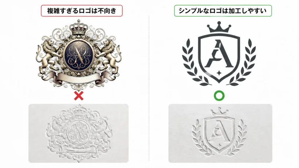 エンボス加工が難しい複雑なAIロゴと加工しやすい単色ロゴの比較