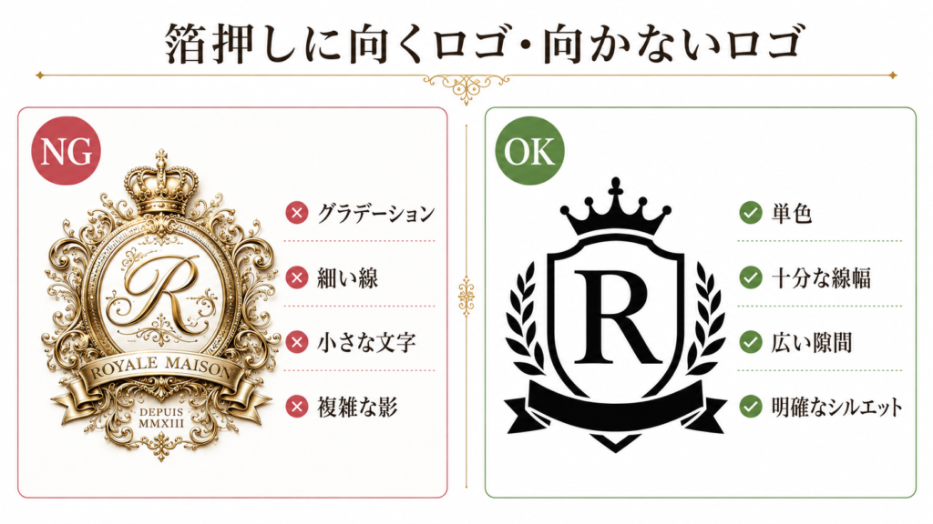箔押しに向かない複雑なAIロゴと箔押し向けに整理したロゴの比較