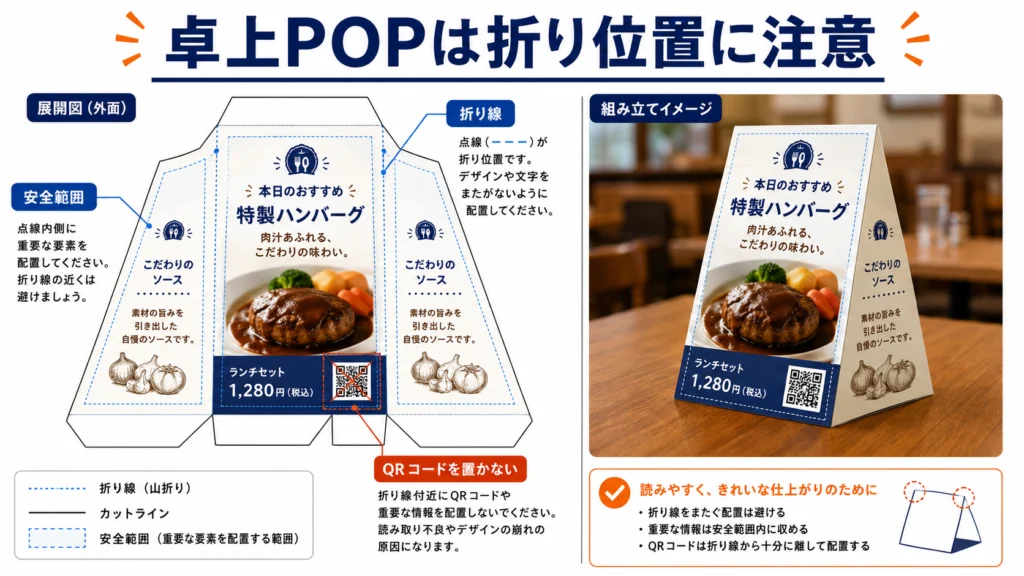 三角型テーブルPOPの折り位置とデザイン配置の注意点