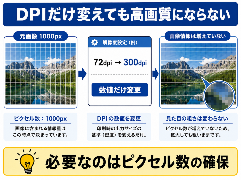 72dpiから300dpiへ変更しても元画像のピクセル数が増えず画質は向上しないことを示す図解