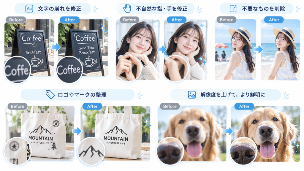 文字や人物、不要物、高画質化などAI画像で依頼できる修正内容