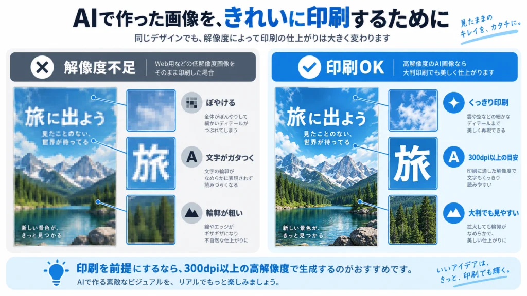 AI画像の解像度不足と高解像度印刷データの比較