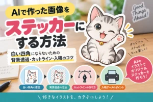 AIで作った画像をステッカーにする方法と、背景透過・カットライン・入稿データのポイントを解説するアイキャッチ画像