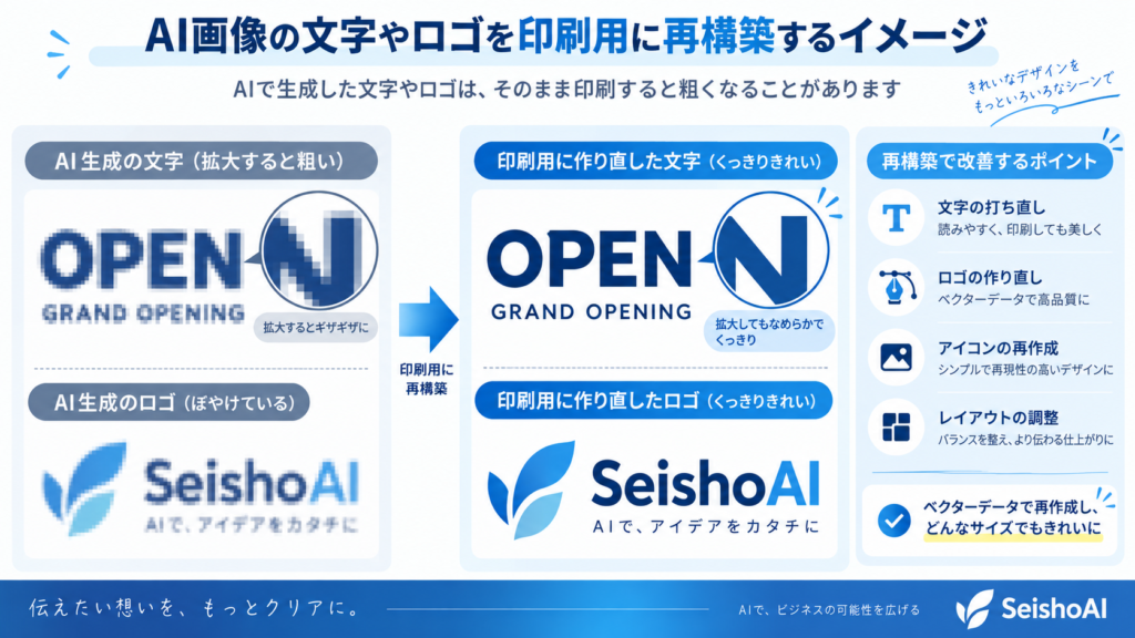 AI画像の文字やロゴを印刷用に再構築するイメージ