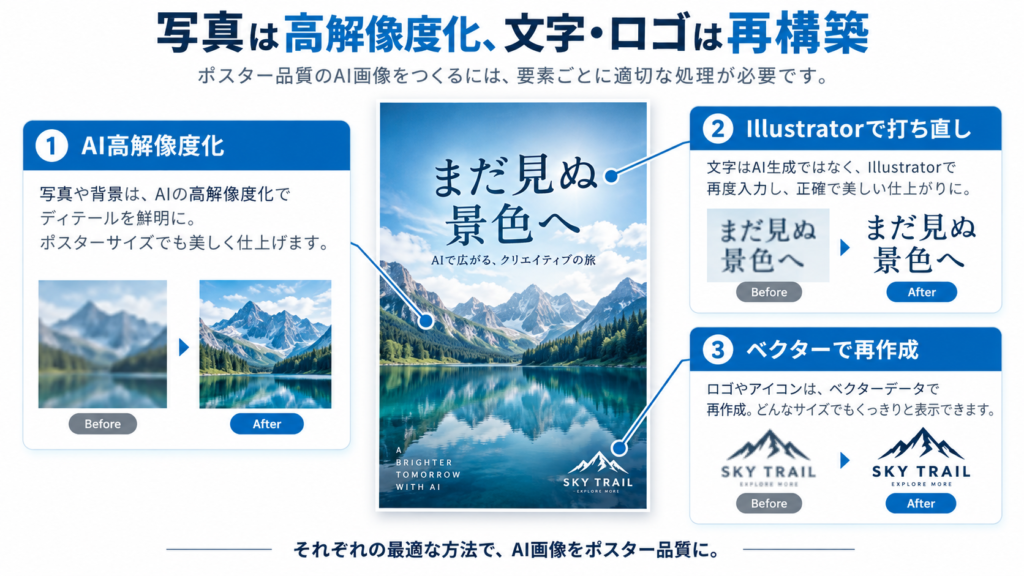 AI画像の写真を高解像度化し文字とロゴを再構築する方法