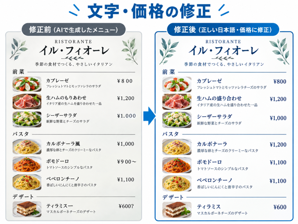 AIメニュー表の文字化けと価格間違いを正しく修正した比較