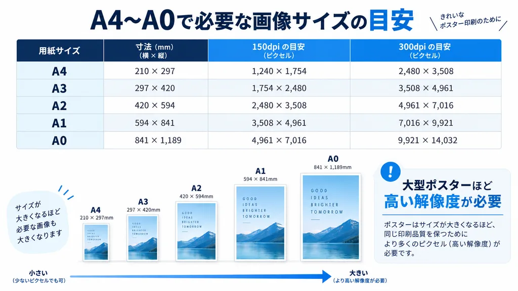 A4からA0までのポスター印刷に必要な画像サイズと解像度の目安