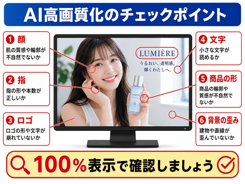 AI高画質化後に顔、指、ロゴ、文字、商品の形、背景の歪みを確認するポイント