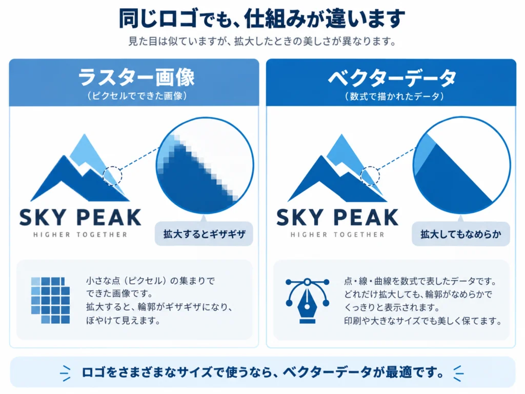 AIロゴのラスター画像とベクターデータの輪郭を拡大比較した図