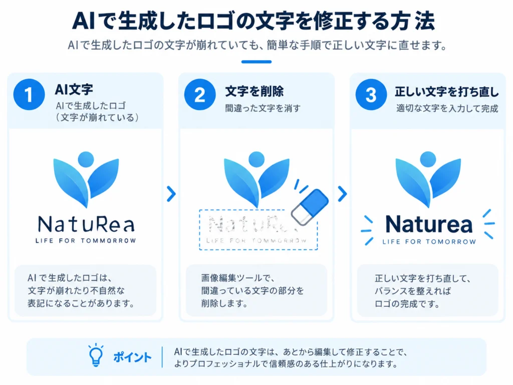 文字修正図：AI文字を消して正しい文字を打ち直す工程
